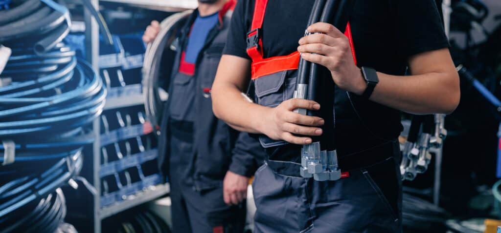Steel,fittings,for,hydraulic,hoses,,industrial,worker,in,warehouse,in